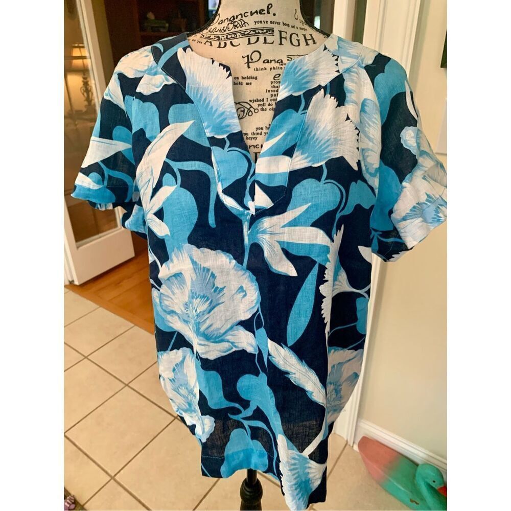 Elie Elie Tahari Printed Split Neck Collared Linen Blouse